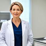 A professional female dermatologist, middle-aged, with a calm and confident expression, wearing a modest, clean white lab coat over a professional dress. She is standing in a bright, modern dermatology clinic, holding a sleek, generic skincare product bottle. The background features blurred, clean medical equipment and soft, professional lighting. Perfect anatomy, correct proportions, natural pose, well-formed hands, proper finger count, natural body proportions, professional photography, high quality, fully clothed, modest clothing, appropriate attire, professional dress, safe for work, appropriate content, family-friendly.