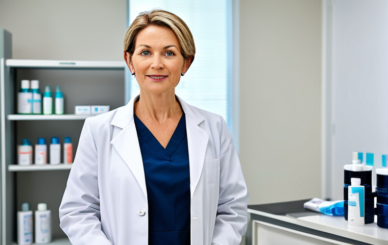 A professional female dermatologist, middle-aged, with a calm and confident expression, wearing a modest, clean white lab coat over a professional dress. She is standing in a bright, modern dermatology clinic, holding a sleek, generic skincare product bottle. The background features blurred, clean medical equipment and soft, professional lighting. Perfect anatomy, correct proportions, natural pose, well-formed hands, proper finger count, natural body proportions, professional photography, high quality, fully clothed, modest clothing, appropriate attire, professional dress, safe for work, appropriate content, family-friendly.