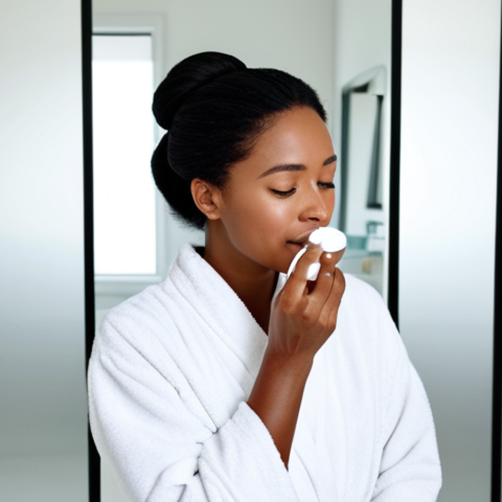 A professional woman in a modest, soft, white robe, gently applying a luxurious, high-quality skincare product to her face, reflecting a self-care routine in a clean, brightly lit modern bathroom. The scene evokes a sense of tranquility and wellness, emphasizing healthy skin care and a moment of peace. She has perfect anatomy, correct proportions, and a natural pose. Her hands are well-formed with proper finger count. This content is safe for work, appropriate content, fully clothed, and professional.