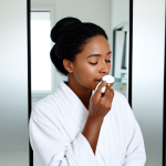 A professional woman in a modest, soft, white robe, gently applying a luxurious, high-quality skincare product to her face, reflecting a self-care routine in a clean, brightly lit modern bathroom. The scene evokes a sense of tranquility and wellness, emphasizing healthy skin care and a moment of peace. She has perfect anatomy, correct proportions, and a natural pose. Her hands are well-formed with proper finger count. This content is safe for work, appropriate content, fully clothed, and professional.