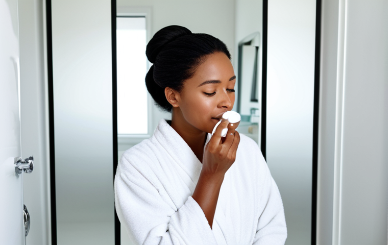 A professional woman in a modest, soft, white robe, gently applying a luxurious, high-quality skincare product to her face, reflecting a self-care routine in a clean, brightly lit modern bathroom. The scene evokes a sense of tranquility and wellness, emphasizing healthy skin care and a moment of peace. She has perfect anatomy, correct proportions, and a natural pose. Her hands are well-formed with proper finger count. This content is safe for work, appropriate content, fully clothed, and professional.