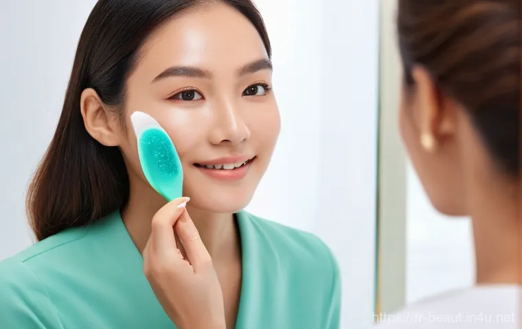 쿨링 마스크팩과 보습팩 차이 - **Prompt:** A relaxed adult woman, with supple, well-hydrated skin, applying a rich, creamy hydratin...