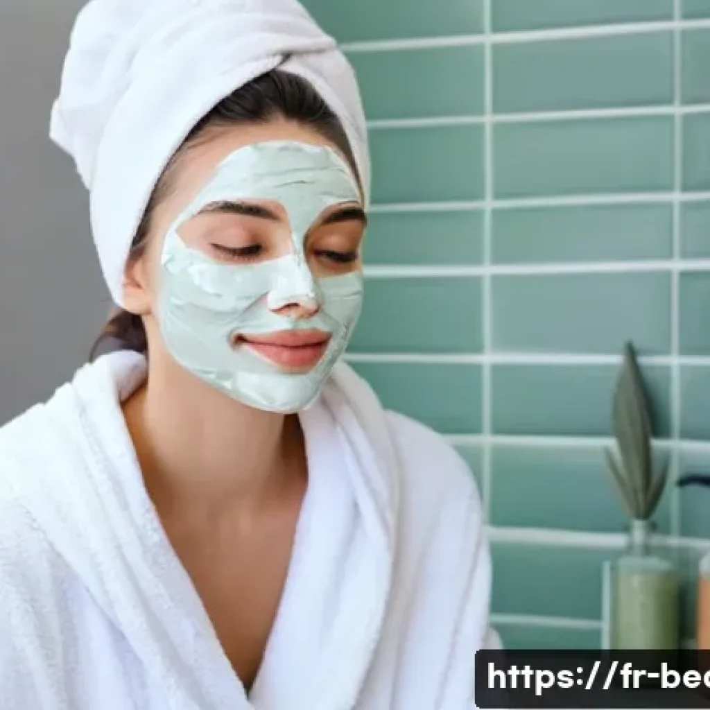 여드름 피부용 워시오프 팩 추천 - A serene, bright bathroom scene featuring a young French woman with acne-prone skin gently applying ...