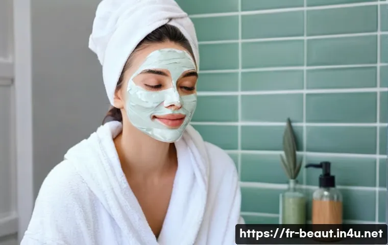 여드름 피부용 워시오프 팩 추천 - A serene, bright bathroom scene featuring a young French woman with acne-prone skin gently applying ...