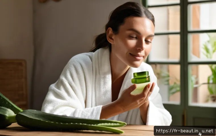 알로에 성분 진정 팩 추천 - A serene French woman in her early 30s gently applying a transparent, lightweight aloe vera gel on h...
