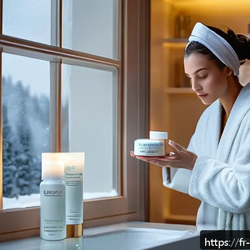 레티놀 성분 마스크팩 추천 - A serene winter evening skincare scene featuring a French woman with clear, radiant skin applying a ...