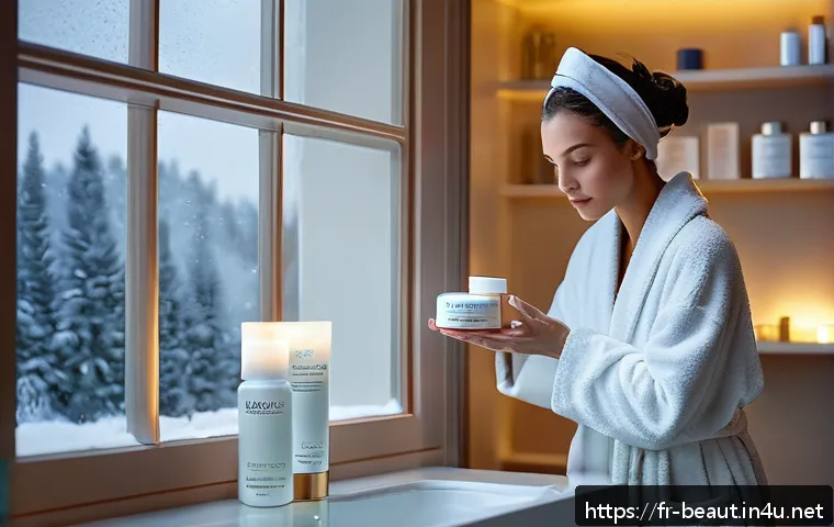 레티놀 성분 마스크팩 추천 - A serene winter evening skincare scene featuring a French woman with clear, radiant skin applying a ...